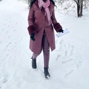 Women's Burgundy Faux Fur Trim Pea Coat